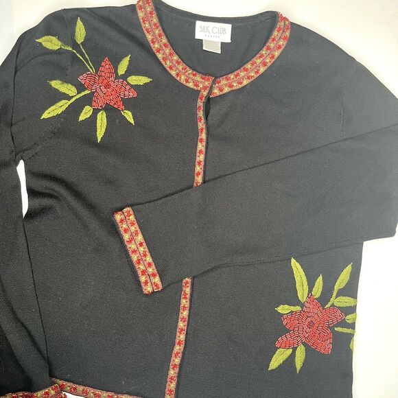 Silk Club Vintage Black Silk Cardigan Beaded Holiday Poinsettia size PM - Picture 6 of 6